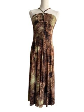 Halter Midi Bodysuit Dress Sz M Brown Earth Tone Goddess Festival High Slit Rave